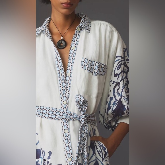 Anthropologie The Irene Linen Shirt Dress Button Front Belted Floral Blue - Picture 3 of 10